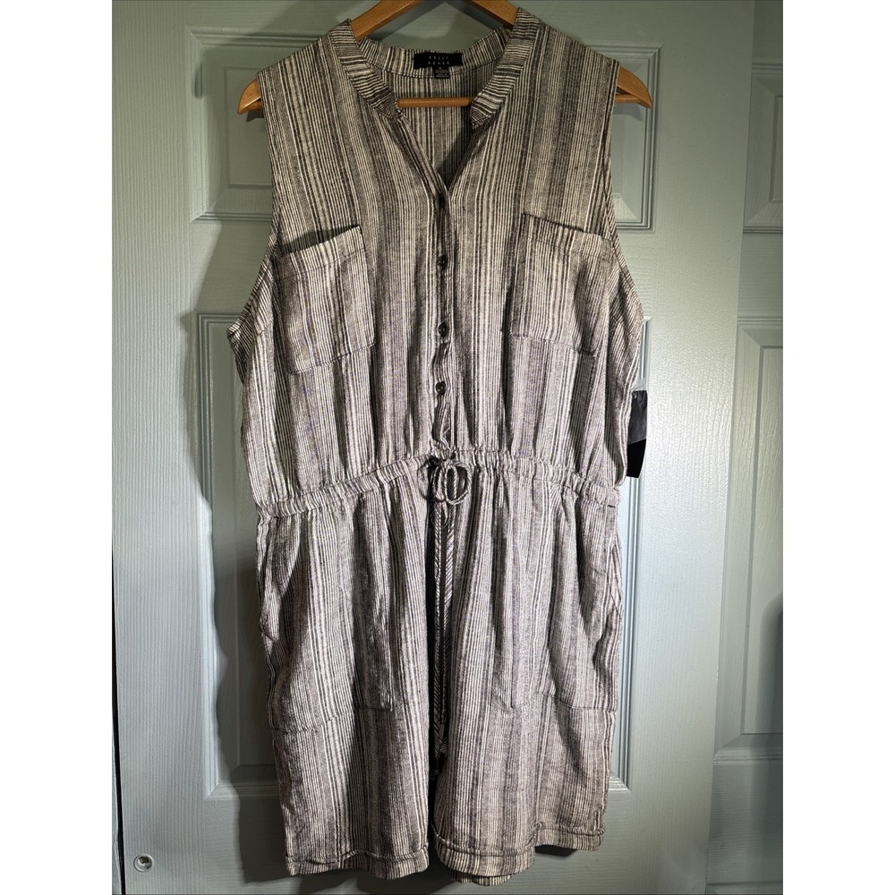 NWT Kelly Renee XL Sleeveless Striped Romper Linen Blend Tie Waist Pockets Boho